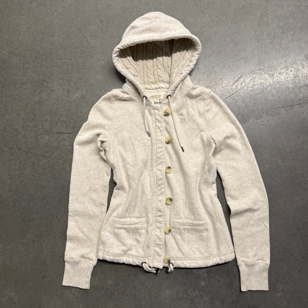 Abercrombie & Fitch Button Front Hoodie Oatmeal Heather Cable Knit Hood Small